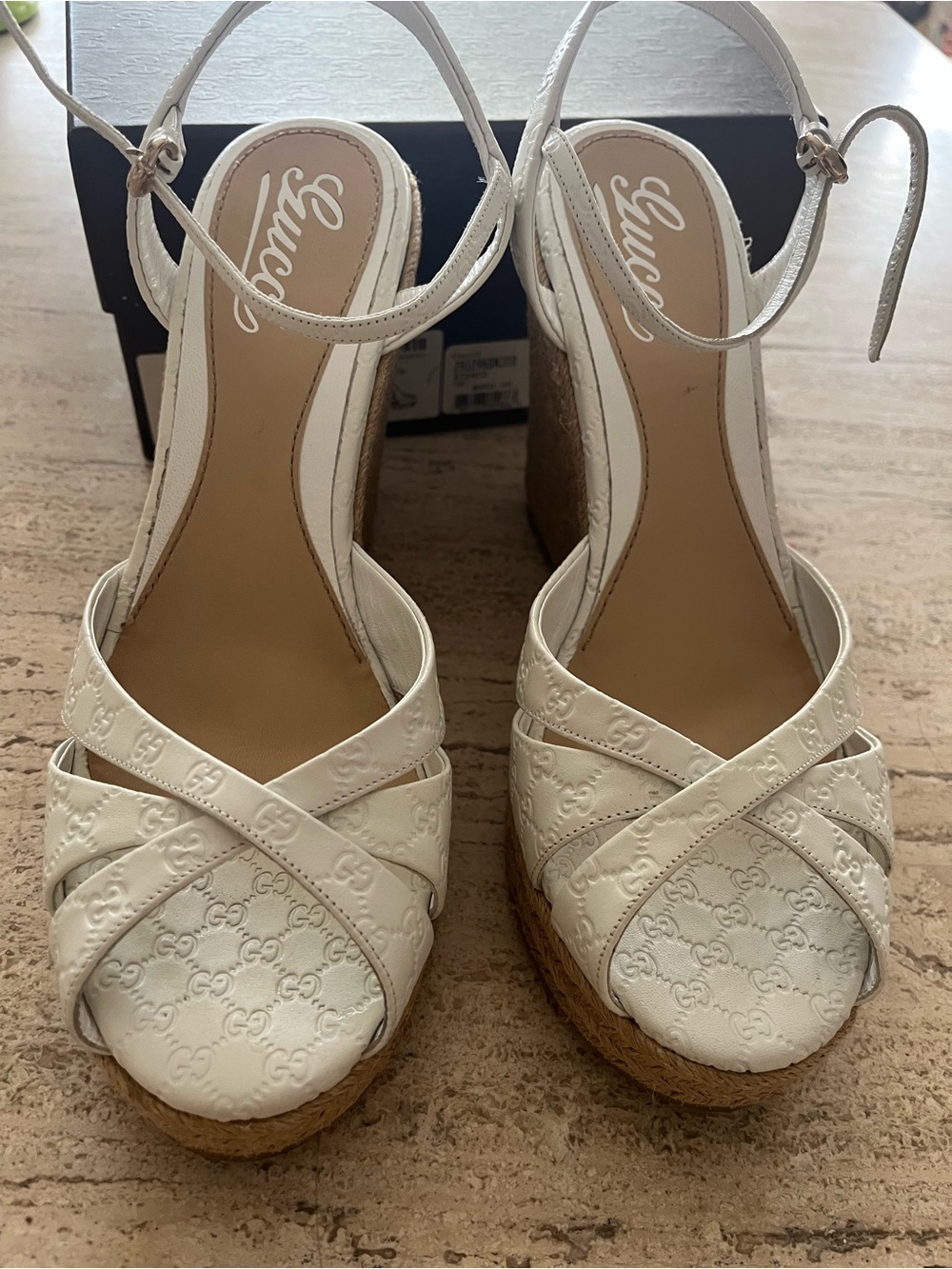 Gucci Bianco Leather GG Espadrille Wedge Sandals